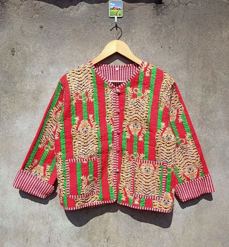 Indian Red Tiger Print Cotton Quilted Unisex Jacket Women's Clothing Jackets US