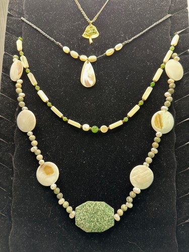 4 Necklaces: MOP, Large Green Stones, Beaded Gold/Silver-Tone, Mushroom Pendant - Picture 2 of 7