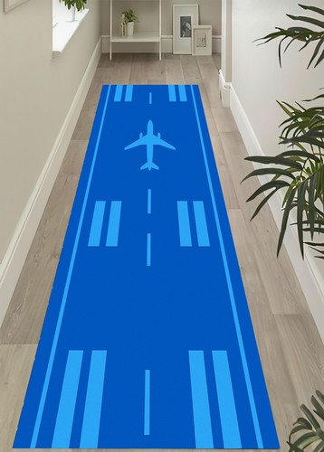 Blue Airplane Runway Rug, Blue Kids Carpet , Blue Jet Long Rug Hallway Play Mat - 第 1/10 張圖片