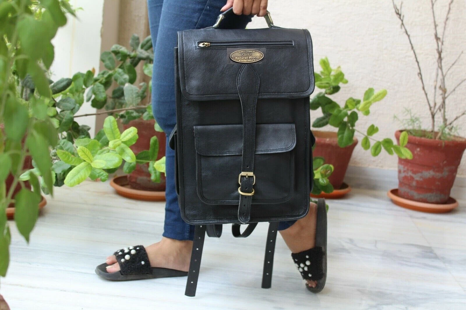 Backpack Leather Large Compertment Laptop Mens Travel Black Rucksack Satchel
