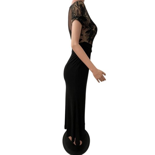 David Meister Long Sheath Black Applique Illusion Beaded Gown, sz 2, Intricate - Picture 17 of 21