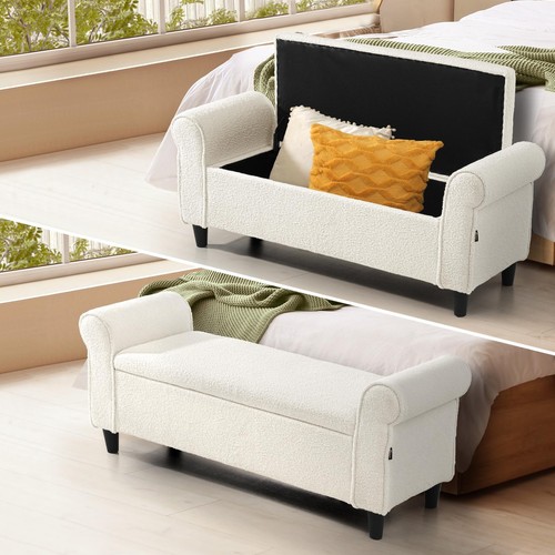 Oikiture Storage Ottoman Blanket Box Faux Linen/PU Leather Toy Foot Stool L/XL - Picture 111 of 130