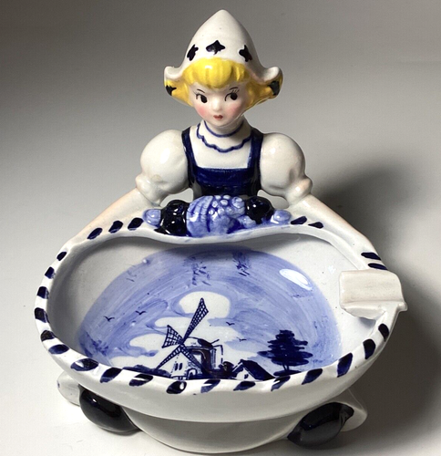 Blue Delft Dutch Girl Blue & White Windmill Ashtray Made in Japan Vintage - Picture 8 of 10