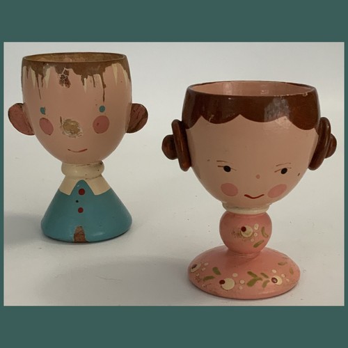 Vtg SEVI Italy Wood Egg Cups - Boy & Girl - Brown Hair - SET OF 2 - Read Desc! - Picture 7 of 10