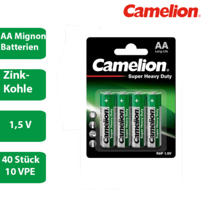 40 x Camelion R6 AA Mignon Batterie Super Heavy Duty 1,5V -Blister- Zink Kohle F