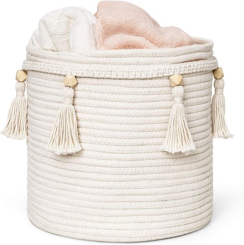 Mkono Macrame Decorative Cotton Rope Basket Boho Cute Woven 11“x11", White