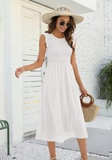 Annebouti Ruffle Cap Sleeve Swiss Dot Smocked Tiered Midi Dress - WHITE - XL NEW