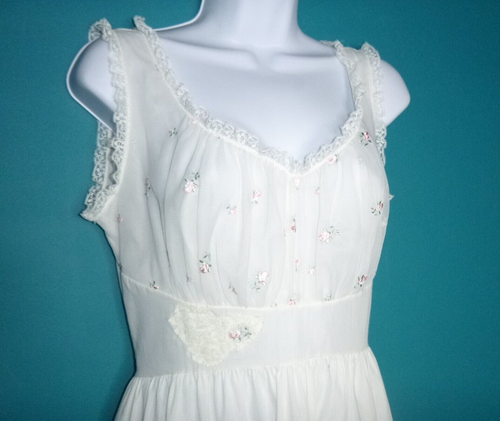 Vtg Sears White Cotton Goddess Style Nightgown Chiffon Bodice W/ Flowers Sz 36 - Picture 7 of 12