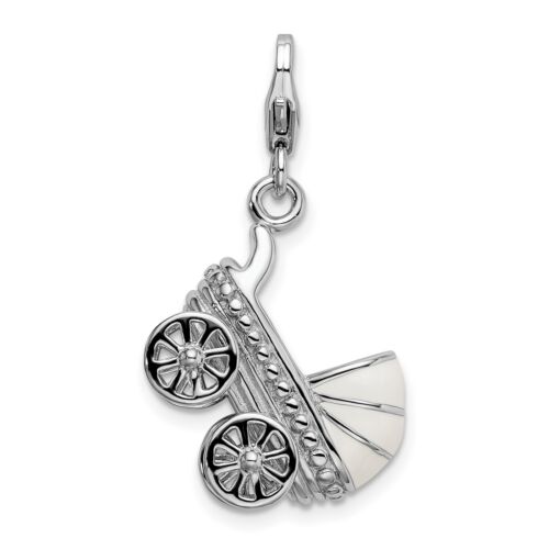 Sterling Silver 3-D Large Baby Carriage Clip On Lobster Clasp Charm Pendant