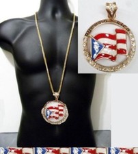Gold Franco Chain 36" Puerto Rico Flag Medallion Pendant Necklace Pride Hip Hop