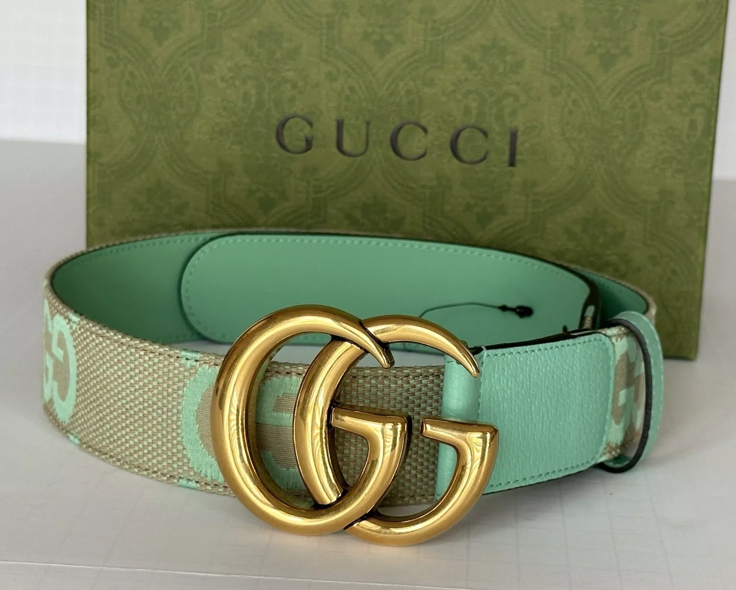 Gucci femme GG Marmont large ceinture vert toile/cuir 75/30 Italie 400593 neuf avec étiquette