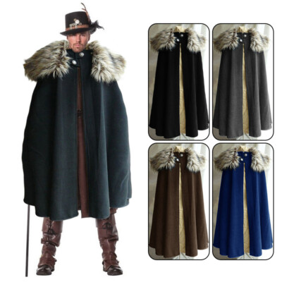 Men Medieval Renaissance Pirate Coat Cloak Viking Fur Collar Cape Retro Costume