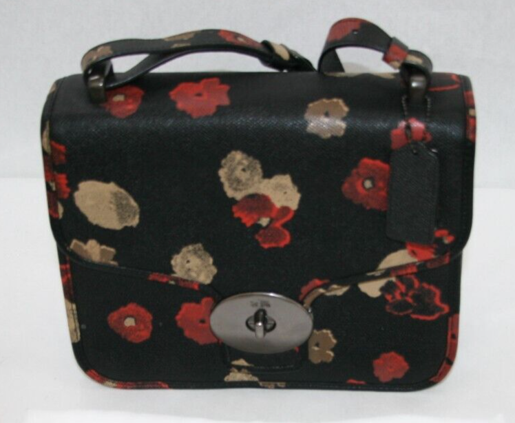 Coach フラワープリント ボディバッグ Coach 33615 Black Floral Red Tan Print Turn Lock Saddle Crossbody
