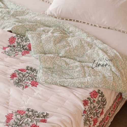 Reversible Block Print Quilt Red Mughal Floral Cotton Bedspread Twin Queen King - Picture 5 of 10