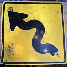WINDING ROAD HIGHWAY WARNING SIGN 24" YELLOW CURVE ARROW RETIRED ALUMINUM