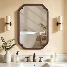 Wood Bathroom Mirror for Wall Decor Arched Rounded Corner Rustic Wood Frame W...