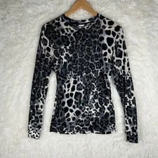 Under Silk L Black Leopard Thin 100% Silk Long Sleeve Pullover Base Layer Top