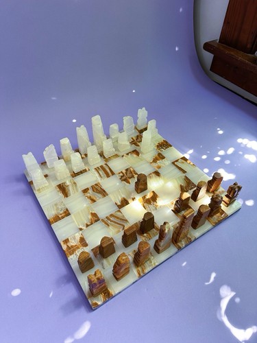 Vintage Complete Aztec Chess Set Marble Cut Stone Hand Carved Large Brown White - Picture 3 of 13