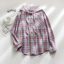 women's plaid hooded Shacket flannel button down long sleeve shirt jacket