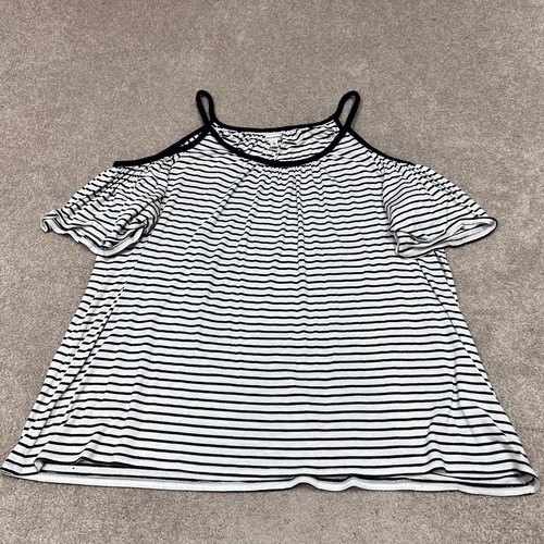 Max Studio Blouse Blue White Striped Short Cold Shoulder Sleeve Size Large NWT