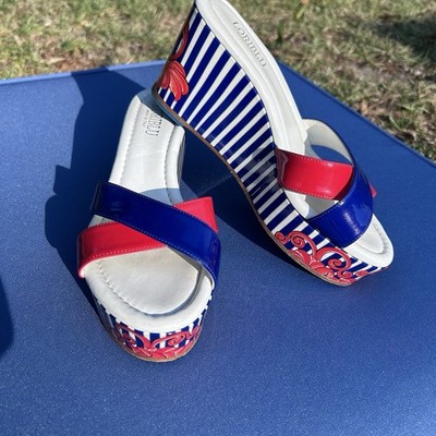 Loriblu Women s Size 7 (37 EU) Leather Wedge Sandal Red White Blue Italian Lux 