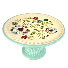 Pioneer Woman Kari Mini Cake Cupcake Display Stand - Light Teal Floral 3.5" Tall