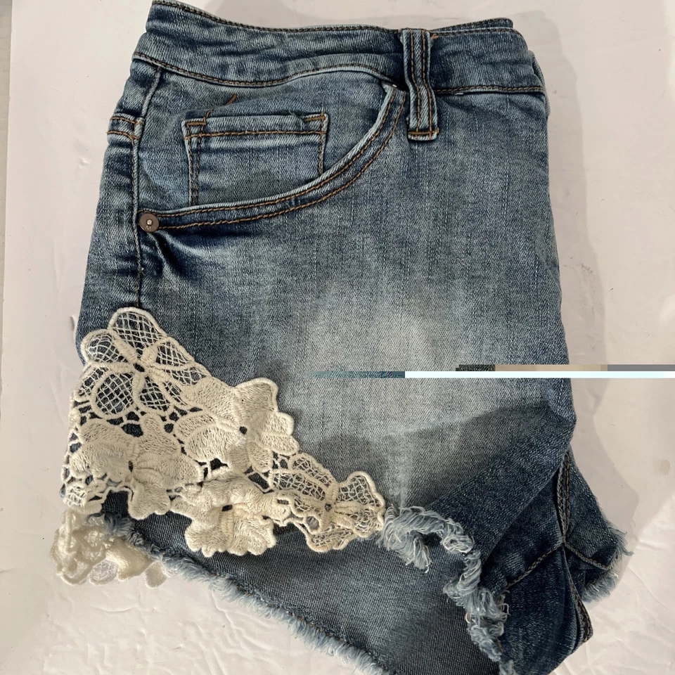 Pantalones Cortos Mossimo Denim Tiro Alto Encaje Bolsillos Elastizados Azul Talla 14/32 Foto 2 de 4