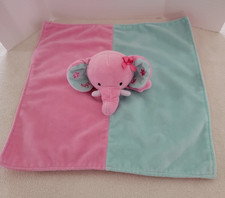 Okie Dokie Elephant Lovey Security Blanket Rattle Pink Mint Green Hugs W/Flaw
