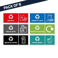 6x Mixed Recycling Labels Bin Stickers Home Office Kitchen 150mm