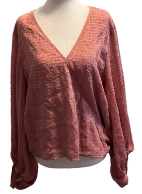 The Line Of Style Womens Faux Wrap Blouse Balloon Sleeves Buckle Front Salmon