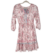 Vintage Mini Dress Womens Small Pink Cream Ruffle Hem Smock Floral Popover VTG