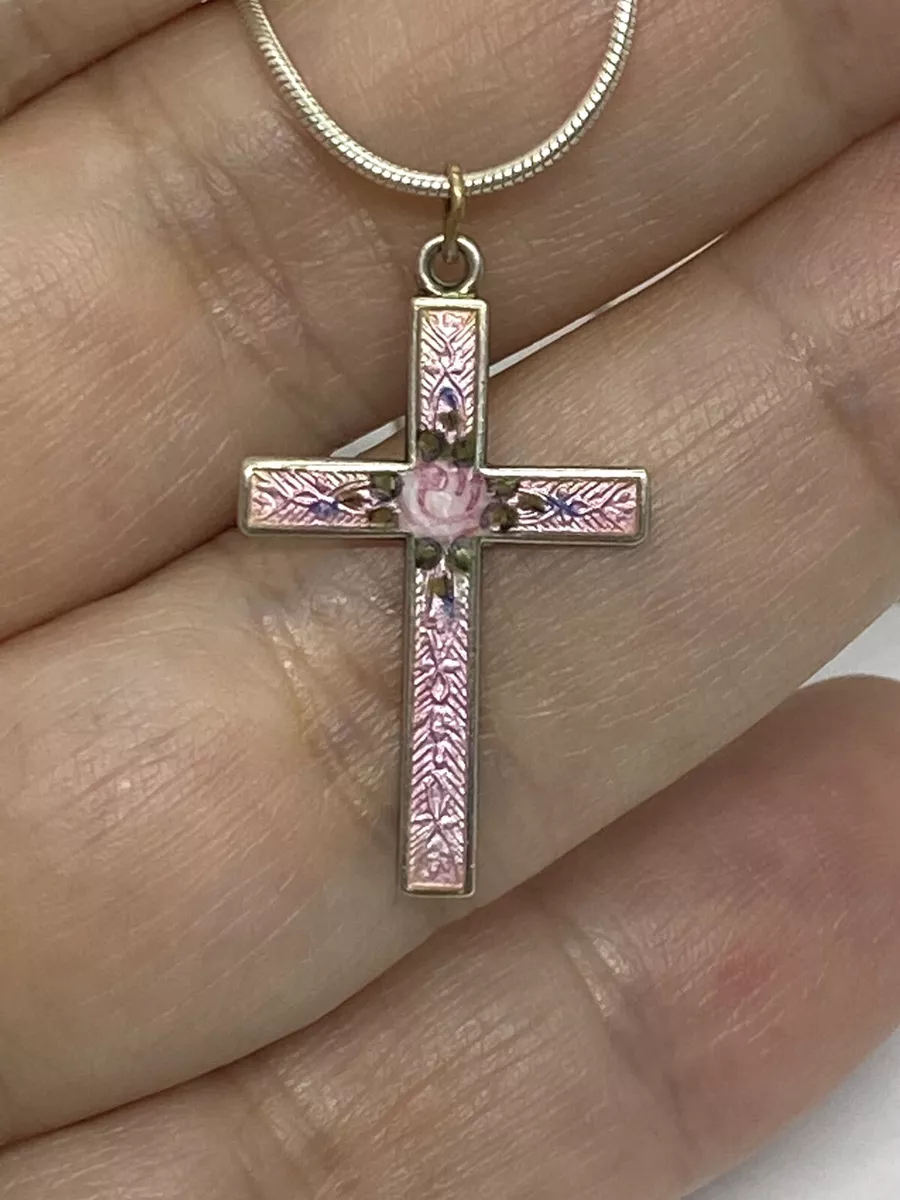 Vintage Sterling Silver Pink Enamel Cross Pendant Necklace 16
