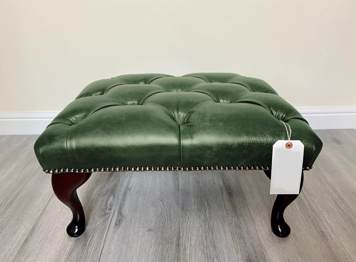 Chesterfield Buttoned Queen Anne Green Faux Leather Footstool