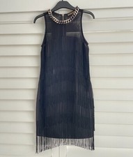 Cocktail Black fringe sexy party Evening bodycon stretchy chain Dress fit 8/10