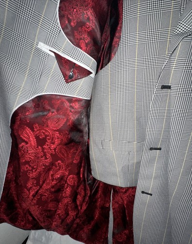 Vittorio St. Angelo Black White Plaid Blazer w/ WaistCoat (42R 36W) Red Interior - 第 14/24 張圖片