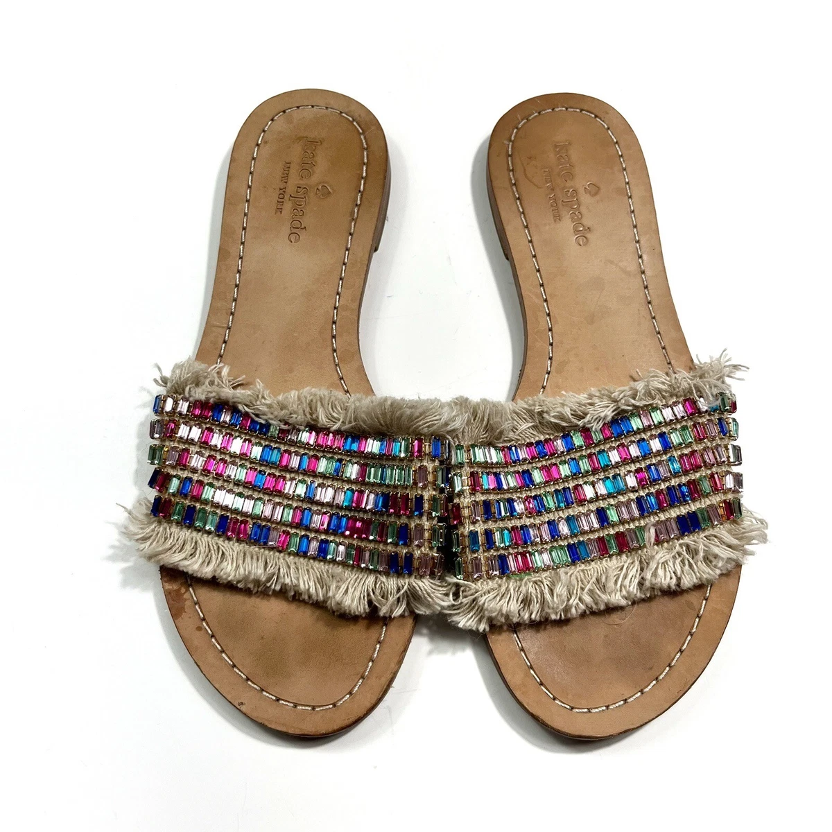 Kate Spade Solaina Multicolored Gem Rhinestone Leather Bottom Slip On Sandals