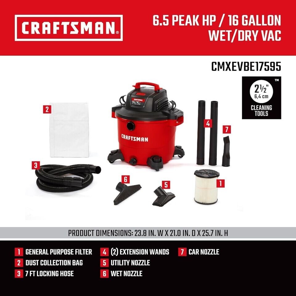 Craftsman CMXEVBE17595 16 Gallon 6.5 Peak HP Wet/Dry Vac, HeavyDuty