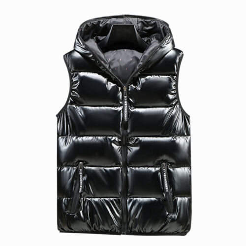 Male Puffer Quilted Hooded Waistcoat Metallic Shiny Gilet Bubble Jacket Coat Top - Bild 1 von 15