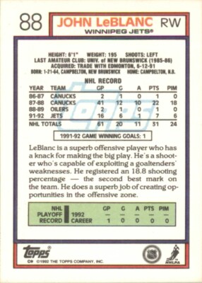 1992-93 Topps NHL John LeBlanc #88 | eBay