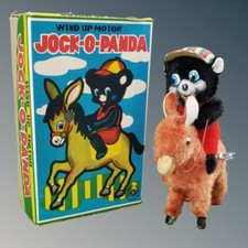 Vintage ALPS Jock-O-Panda Furry Mechanical Wind Up Toy Panda Riding Donkey Japan
