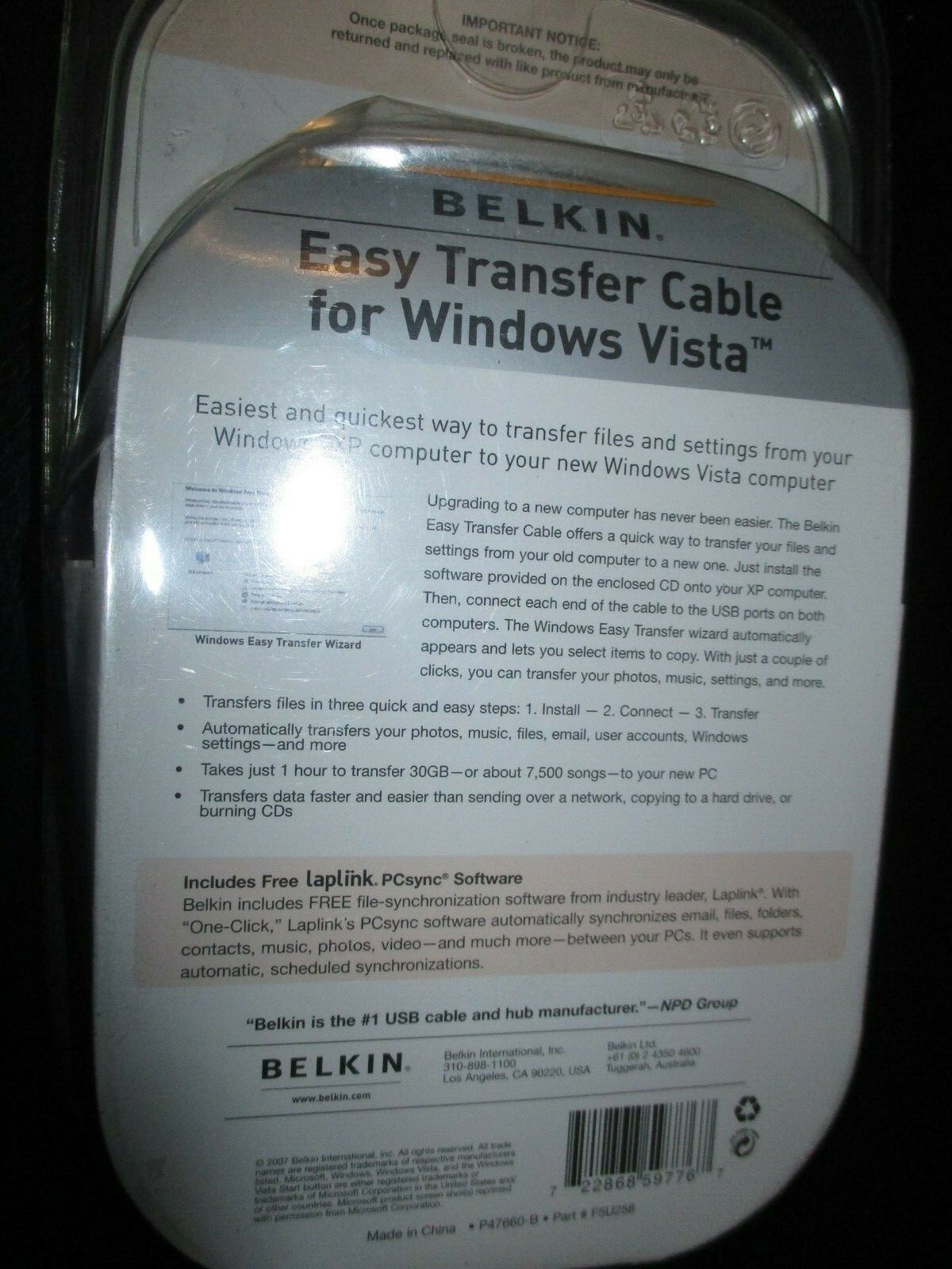 Belkin Easy Transfer Cable for Windows Vista With Laplink Software NEW