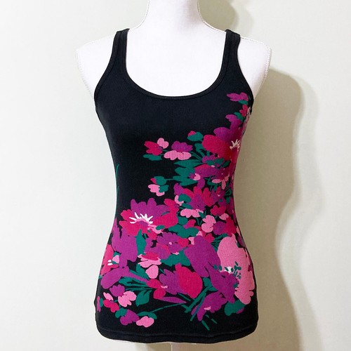 Old Navy Floral Tank Top Small Stretch Rib Knit Black Pink - Picture 8 of 8