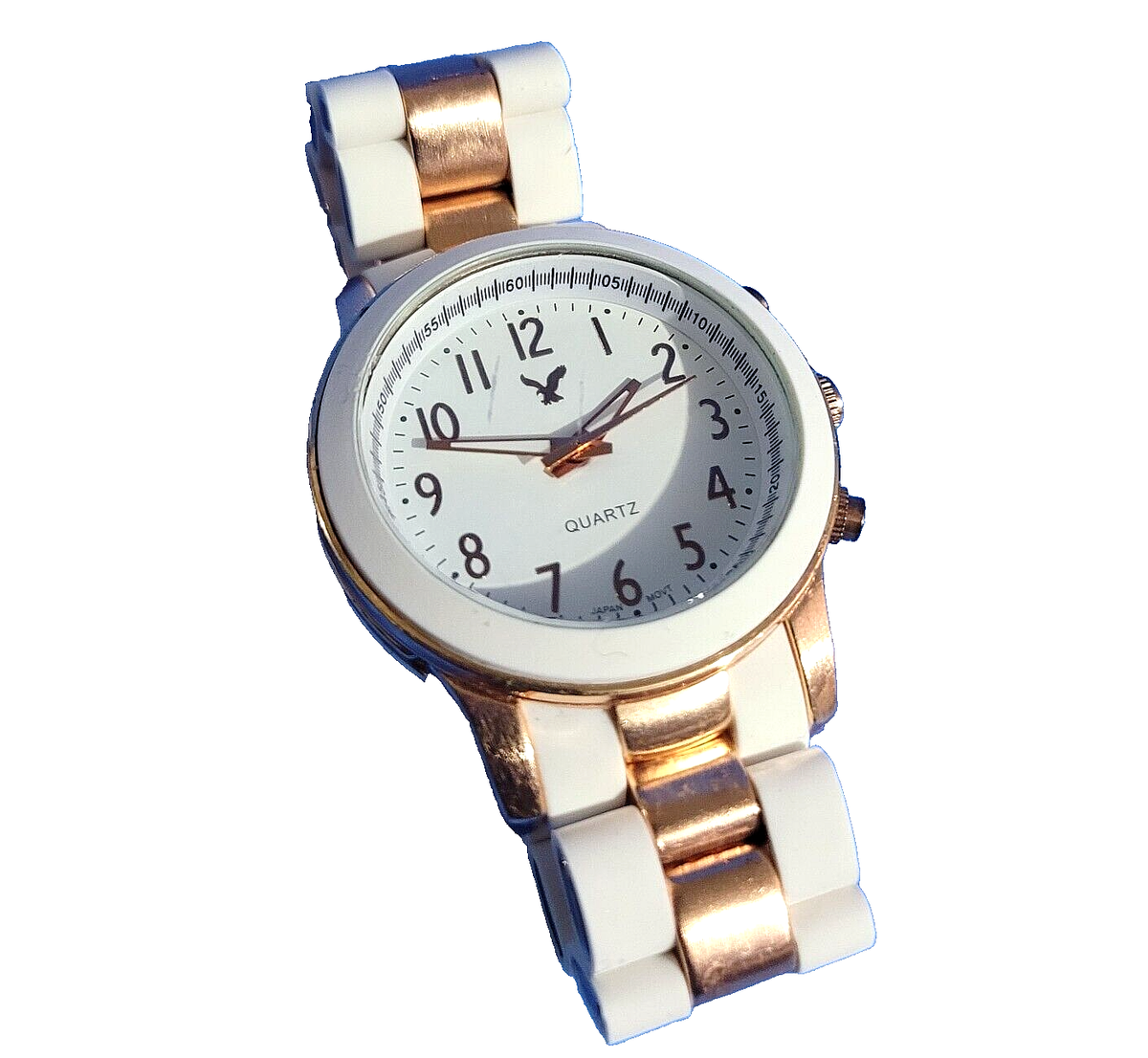 AEO Watch Rose Gold Tone & White Link Band Round Face 