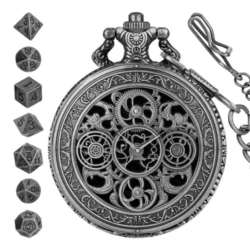 DND Collector's Gothic Gear Pocket Watch 7pcs Dice Metal Dice Set Vintage Style - Picture 5 of 20