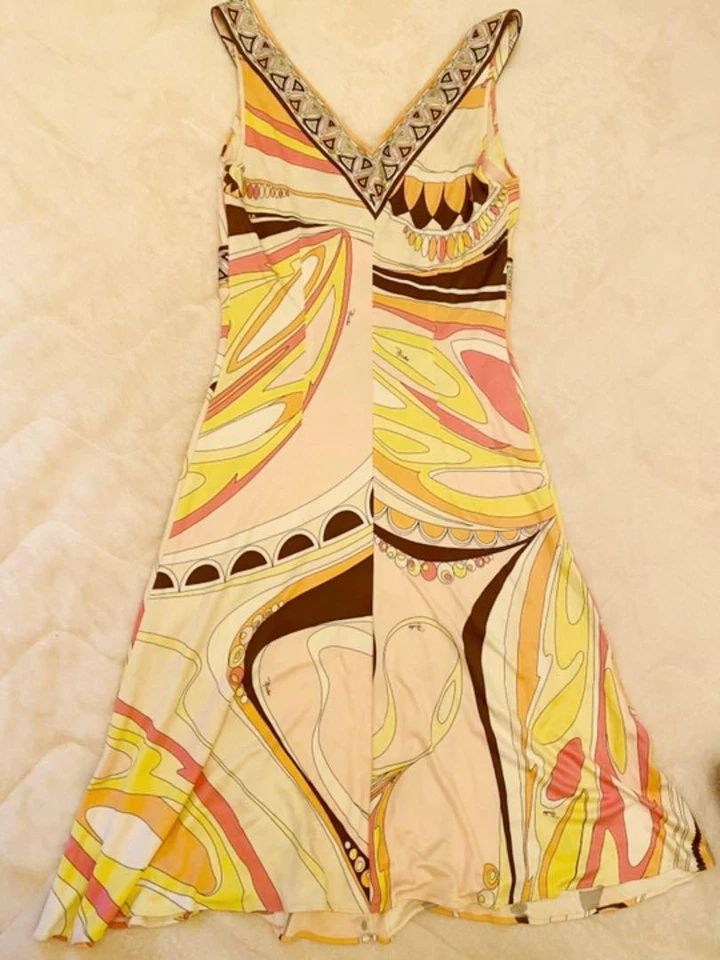 Vestido Largo Emilio Pucci Patrón Seda 34 Mujer’s Amarillo Sin Mangas Italia Usado Foto 4 de 4