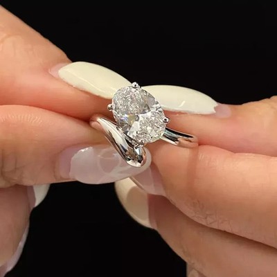 2 kt ovaler Moissanit Bypass Set Verlobungsring Ehering 14 K Weißgold plattiert