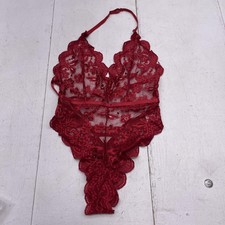 Lace Bodysuit Teddy Womens Medium Red Floral Sheer Halter Lingerie
