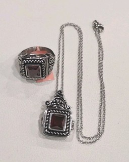 Collana con ciondolo catena strass rossi in acciaio inox vintage set anelli F2