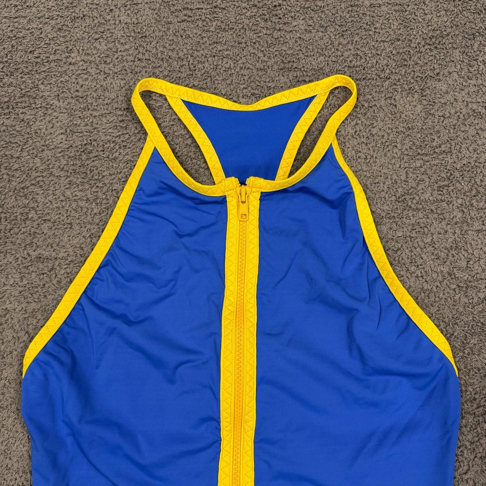 Ralph Lauren Swimsuit Womens 14 Blue Yellow Zip Front One Piece Racerback Sport - Image 2 of 4