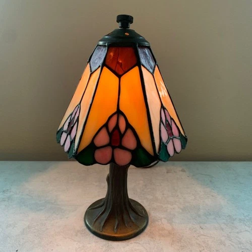 Tiffany Style Vtg Lamp 12"  Stained Glass Flowers Baroque Pink Flower Tree Base